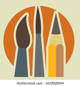Art Studio. Logo. Vector. Big and small brushes and pencil. Against the background of the orange sun.