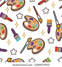 Art Studio Magic Dream with Brushes and Palettes. Perfect for fabric designs, wrapping papers, or any project that calls for a burst of creativity, this pattern is sure to inspire artists.