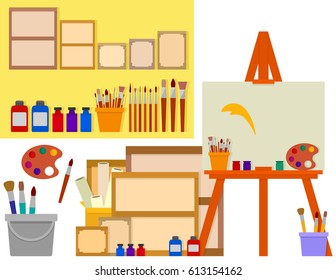 art studio on flat design with artist tools - easel, palette, paints and other tools set