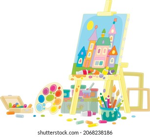 Estudio de arte de un pintor en desorden artístico con un caballete, imagen de un pequeño pueblo sobre un lienzo, materiales de color, pinceles, lápices y marcos, ilustración vectorial de dibujos animados sobre un fondo blanco