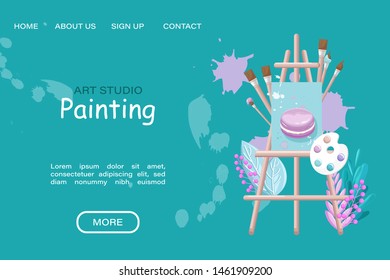 Art studio painting course Vector flat style. Page template online creativity courses
