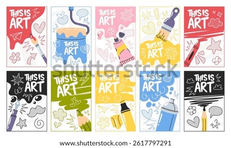 Art studio, painting workshop, craft class promo banners with artistic tools and supplies design