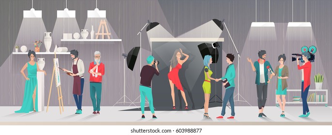 Art studio and Photo-studio concept. Reporter and cameraman take interview. Photograph takes picture of Model. Artists and Art critics. Vector flat creative illustration. 