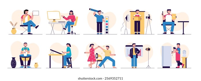 Art studio, positive activities to optimize hobbies. Character design. Vector flat illustration