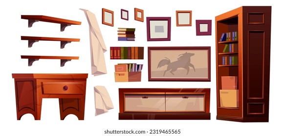 Art studio room with easel interior paint set. Artist workshop class isolated furniture clipart vector illustration. Drawing school classroom cartoon design with sculpture, frame and books icon