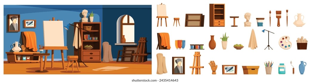 Art studio room interior icons set cartoon vector. Paint drawing furniture. Workshop brush