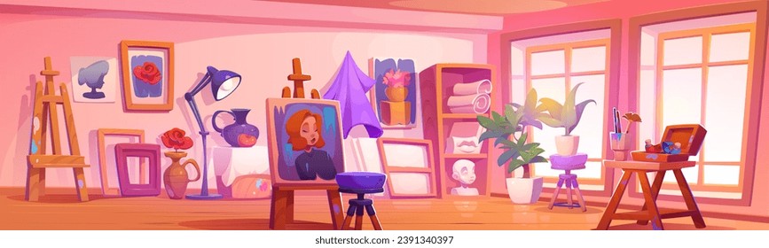 Art studio room interior with painting tools and materials. Cartoon vector illustration of creative workshop with equipment and supplies - easel and tripod stand, paper and brushes, plaster models.