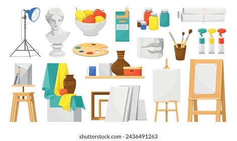 Kunststudio Set Möbel und Werkzeuge für Maler kreative Werkstatt isometrische Vektor-Illustration. Zubehör für Klassenzimmer Flaschen von Farbe Künstler Leinwand Staffelei Skulptur Büste Bleistift Papier Blatt Apfel