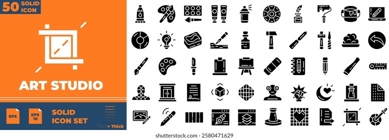 Art Studio Solid Editable Icons set. Vector illustration in modern thin solid style of art studio icons: print, color, brush, etc