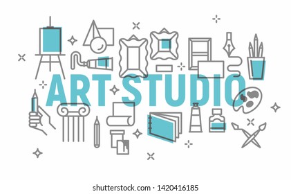 Art studio vector banner. Words with line icons. Drawing art and painting symbols.