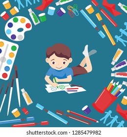 Art studio vector boy character studying in kids art-school with artist tools watercolor paint brushes palette for color paints artwork backdrop illustration artistic painting background