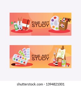 Art studio vector studying in art-schoolwith artist tools watercolor paint brushes palette for color paints artwork backdrop illustration artistic painting set of background.