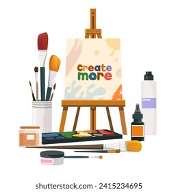 Art Studio Web Page, Featuring Tools and Materials for Painting and Drawing ,Flat Style ,Landing Page, Concept Banner Art Tools,brushes,canvas,easel,acrylic paint,palette,isolated on white background