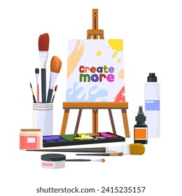 Website von Art Studio, mit Werkzeugen und Werkstoffen für Malerei und Zeichnung , Flachstil , Landing Page, Concept Banner Art Tools, Bürsten, Leinwand, Aasel, Acrylfarbe, Farbpalette einzeln auf weißem Hintergrund