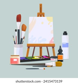 Art Studio Web Page, Flat Style, Landing Page, Concept Banner,Painting easel ,website UI mockup. Artist class tools. Painter supplies.Paint brushes,cans of paint, drawing canvas. Vector web interface 