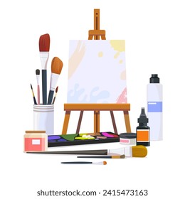 Art Studio Web Page, Flat Style, Landing Page, Concept Banner,Painting easel ,website UI mockup. Artist class tools. Painter supplies.Paint brushes,cans of paint, drawing canvas. Vector web interface 