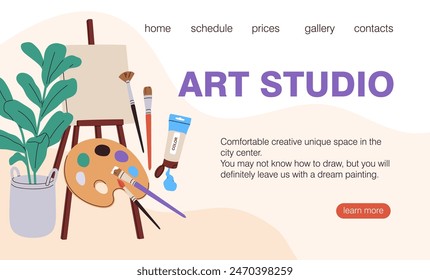 Art studio webpage design. Creative background for artist school web-site. Drawing, painting course, education, website template. Online landing page, painters workshop. Flat vector illustration