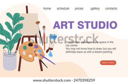 Art studio webpage design. Creative background for artist school web-site. Drawing, painting course, education, website template. Online landing page, painters workshop. Flat vector illustration