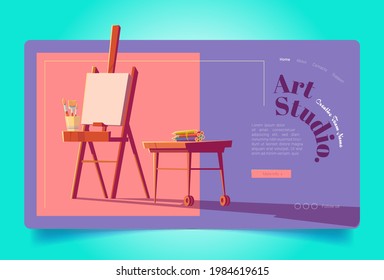 Art studio website. Workshop for painters, drawing education. Vector landing page of artist class with cartoon illustration of wooden easel with canvas, brushes and pencils