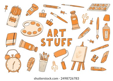 Art stuff doodles, drawing and painting supplies collection for prints, stickers, posters, cards, planners, stationery, etc. EPS 10