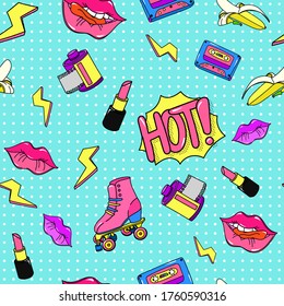 Art style 90s pop pattern. Seamless retro color music cassette lightning bright lipstick red reel film photographic stylish roller skates design vector 80s and 90s brightly clipart painted hot lips.