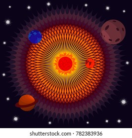 Art with stylized star system in space with different planets