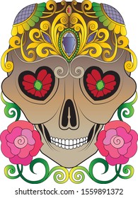 Art Sugar Skull Day of the dead. Hand  watercolor painting on paper.