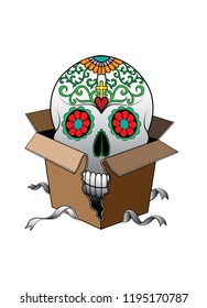 Art Sugar Skull in the gift Box.Hand drawing and make graphic vector.