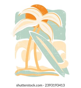 Art of summer beach vector, surfboard is tropical, summer vibes hand draw, summer slogan with beach illustration, Hawaii, Aloha surf typograph. Summer good vibes palm tree vector print artwork, Girls,