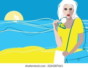 art summer holiday poster; portrait of a young model girl walking on beach; sunglasses, bag; yacht; flat vector illustration; traveling template poster; time for travel