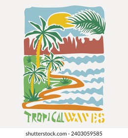 Art of summer Tropical vibes for beach art illustration, sunset women's girls t-shirt sweatshirt print design-vector