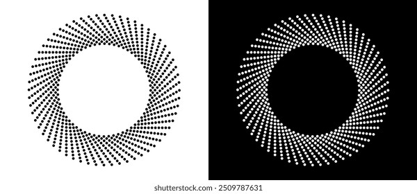 Fondo del sol del arte. Plantilla de ícono o logotipo con líneas punteadas de semitono. Forma negra sobre un fondo blanco y la misma forma blanca en el lado negro.