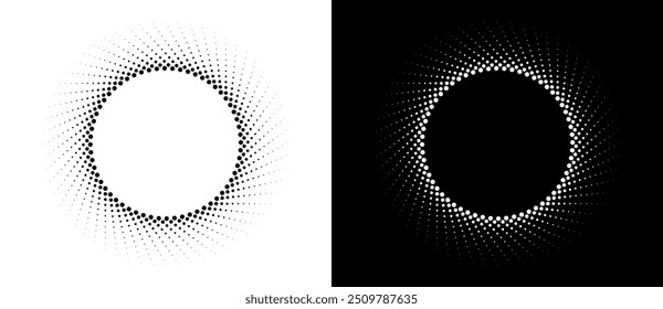 Art sun background. Icon template or logo with halftone dotted lines. Black shape on a white background and the same white shape on the black side.