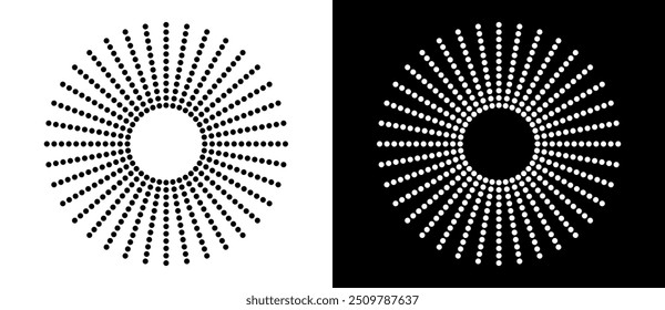 Fundo do sol da arte. Modelo de ícone ou logotipo com linhas pontilhadas em meio-tom. Forma preta em um plano de fundo branco e a mesma forma branca no lado preto.