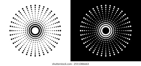 Art sun background. Icon template or logo with halftone dotted lines. Black shape on a white background and the same white shape on the black side.