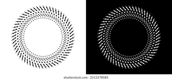 Fondo del sol del arte. Plantilla de ícono o logotipo con líneas punteadas de semitono. Forma negra sobre un fondo blanco y la misma forma blanca en el lado negro.