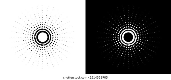 Art sun background. Icon template or logo with halftone dotted lines. Black shape on a white background and the same white shape on the black side.