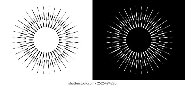 Fundo do sol da arte. Modelo de ícone ou logotipo com linhas pontilhadas em meio-tom. Forma preta em um plano de fundo branco e a mesma forma branca no lado preto.