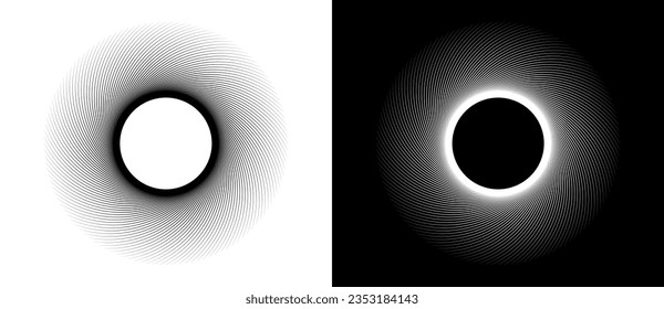 Fondo del sol de arte. Plantilla de tatuaje o logotipo con líneas. Forma negra sobre un fondo blanco y la misma forma blanca sobre el lado negro.