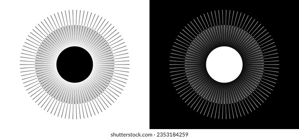 Art sun background. Tattoo template or logo with lines. Black shape on a white background and the same white shape on the black side.