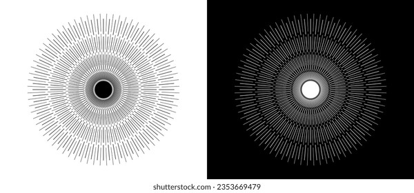 Art sun background. Tattoo template or logo with lines. Black shape on a white background and the same white shape on the black side.