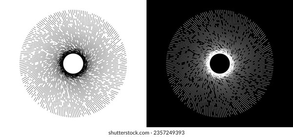 Fondo del sol de arte. Plantilla de tatuaje o logotipo con líneas. Forma negra sobre un fondo blanco y la misma forma blanca sobre el lado negro.