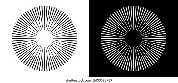 Art sun background. Tattoo template or logo with lines. Design element or icon. Black shape on a white background and the same white shape on the black side.