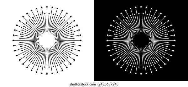 Art sun background. Tattoo template or logo with dots and lines. Black shape on a white background and the same white shape on the black side.