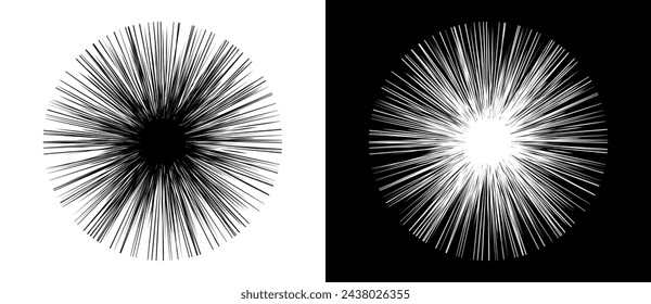 Art sun background. Tattoo template or logo with lines. Design element or icon. Black shape on a white background and the same white shape on the black side.