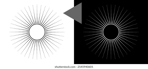 Art sun background. Tattoo template or logo with triangles in lines. Black shape on a white background and the same white shape on the black side.
