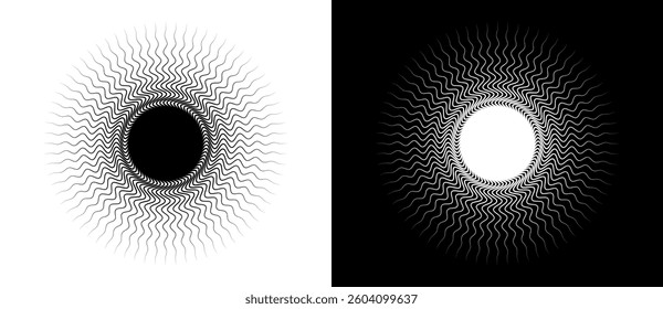 Art sun background. Tattoo template or logo with halftone dotted lines. Black shape on a white background and the same white shape on the black side.