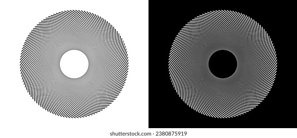 Fondo de concepto Art sun. Plantilla de tatuaje o logotipo con líneas. Forma negra sobre un fondo blanco y la misma forma blanca sobre el lado negro.