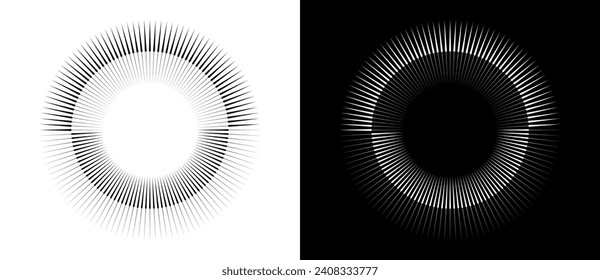 Art sun concept background. Tattoo template or logo with lines. Black shape on a white background and the same white shape on the black side.