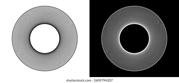 Art sun concept background. Tattoo template or logo with lines. Black shape on a white background and the same white shape on the black side.